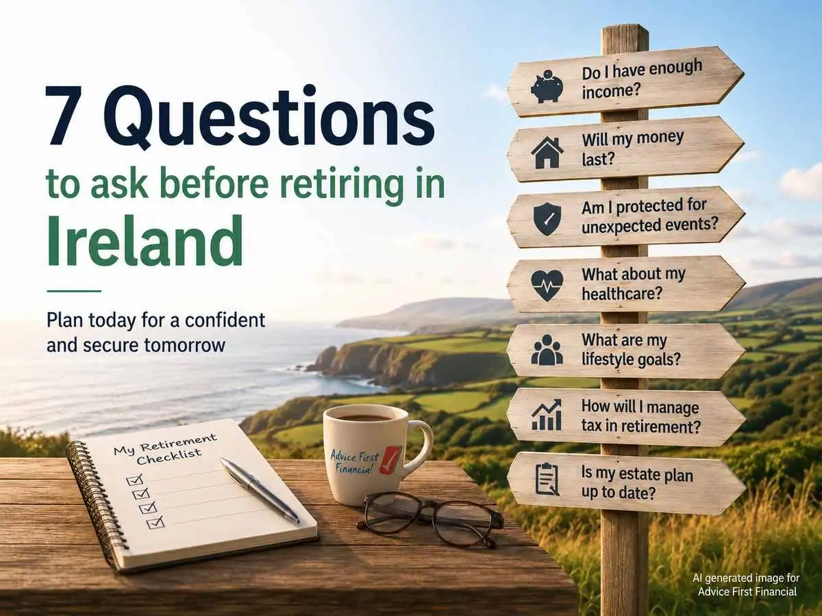 Featured image for Advice First Financial blog on 7 questions to ask before retiring in Ireland with retirement checklist, branded mug and Irish coastal backdrop