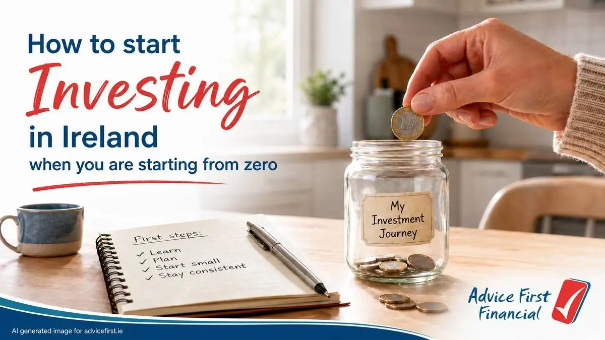 Advice First Financial featured image for how to start investing in Ireland when you are starting from zero showing a first euro coin being placed into a savings jar